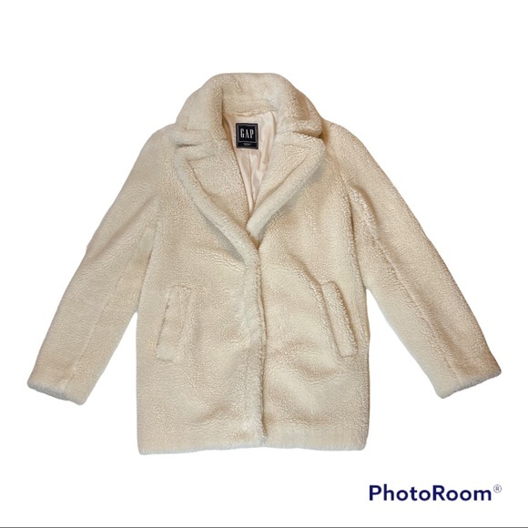 GAP Women's Cream Sherpa Coat Teddy Pea Coat MT Medium Tall